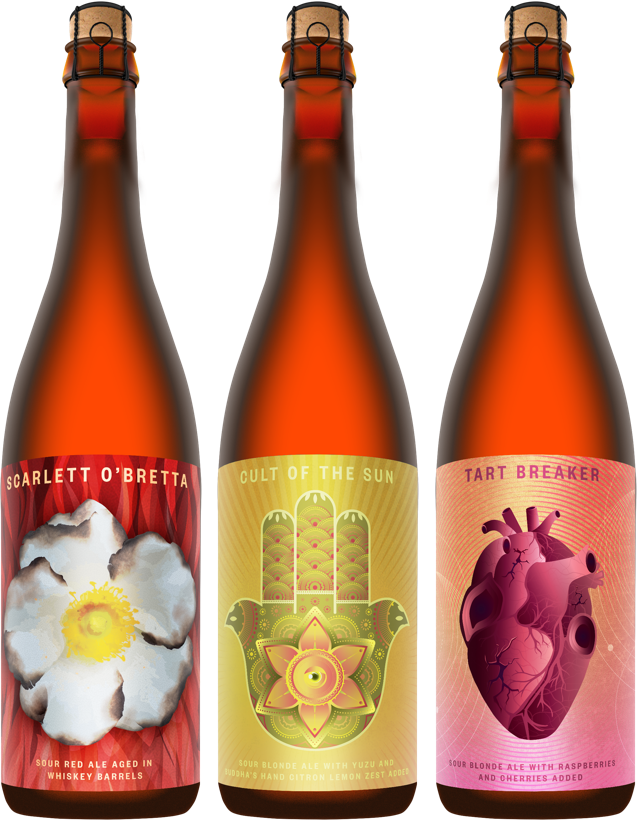 Three bottles of sour beer from the Advanced Oak program