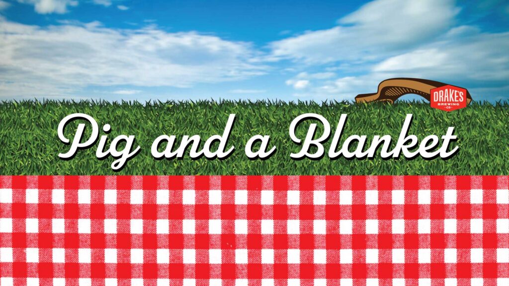 Event graphic for Pig and a Blanket with blanket laid out over lawn with Drake's BARN in distance