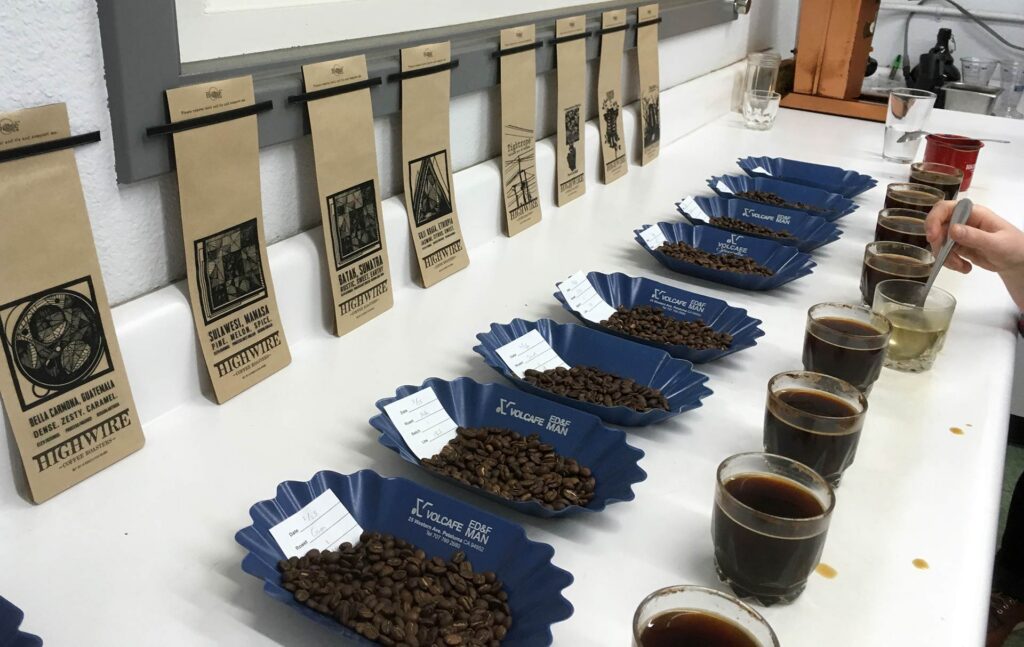 A row of coffee bean samples at Highwire coffee