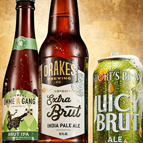 three bottles of beer, including Brightside Extra Brut IPA