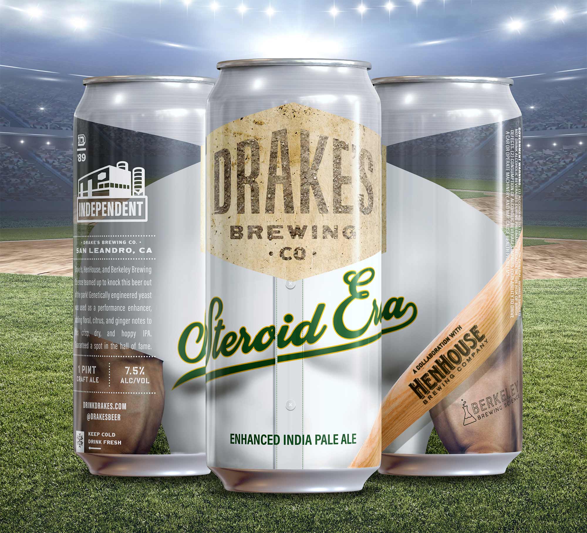 Drakes Brewing Steroid Era IPA cans with baseball bat and stadium background