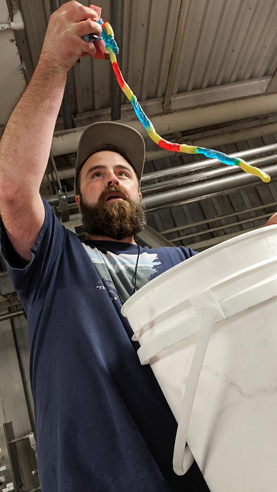Man with beard pours colorful gummy worms from bucket
