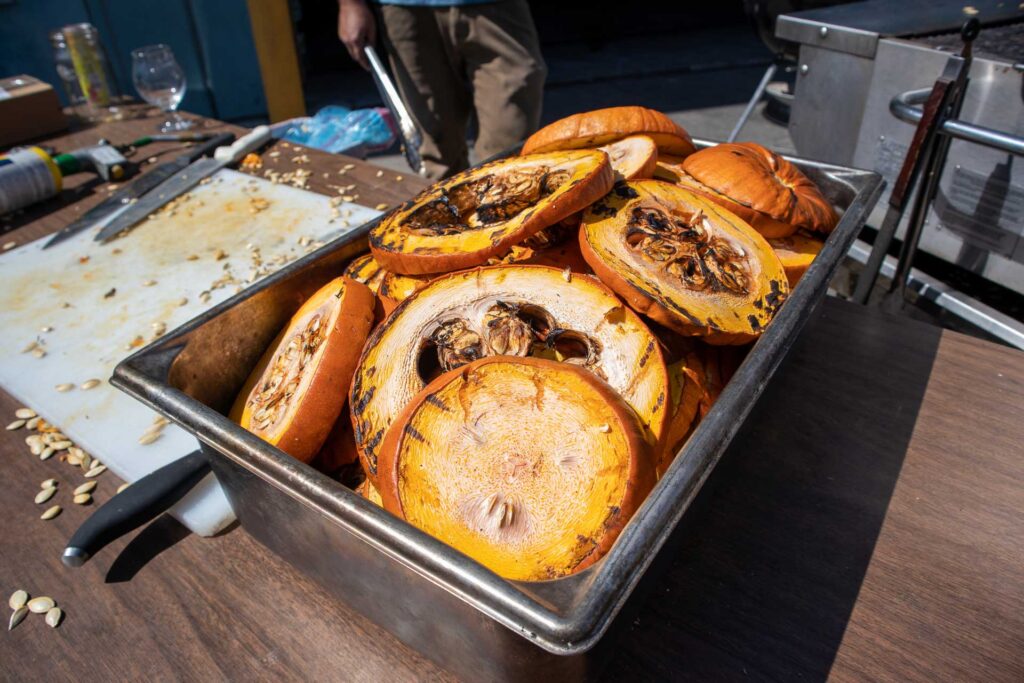 Slices of pumpkin in a metal tray