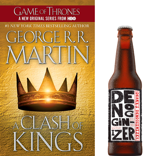 George R.R. Martin's "A Clash of Kings" book next to a bottle of Drake's Denogginizer IPA