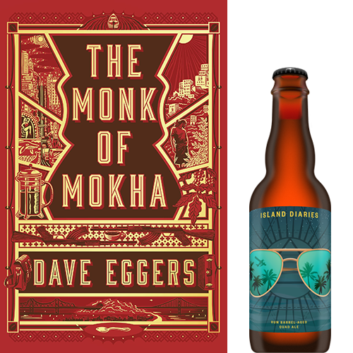 Book cover for "The Monk of Mokha" by Dave Eggers next to a bottle of Island Diaries rum barrel-aged sour ale