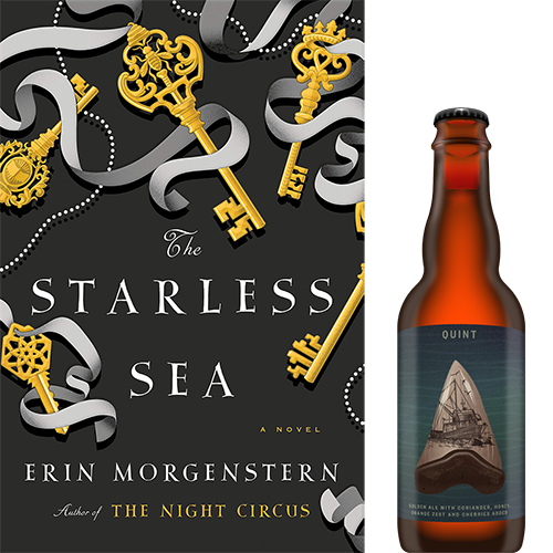 The Starless Sea book cover and Quint beer bottle