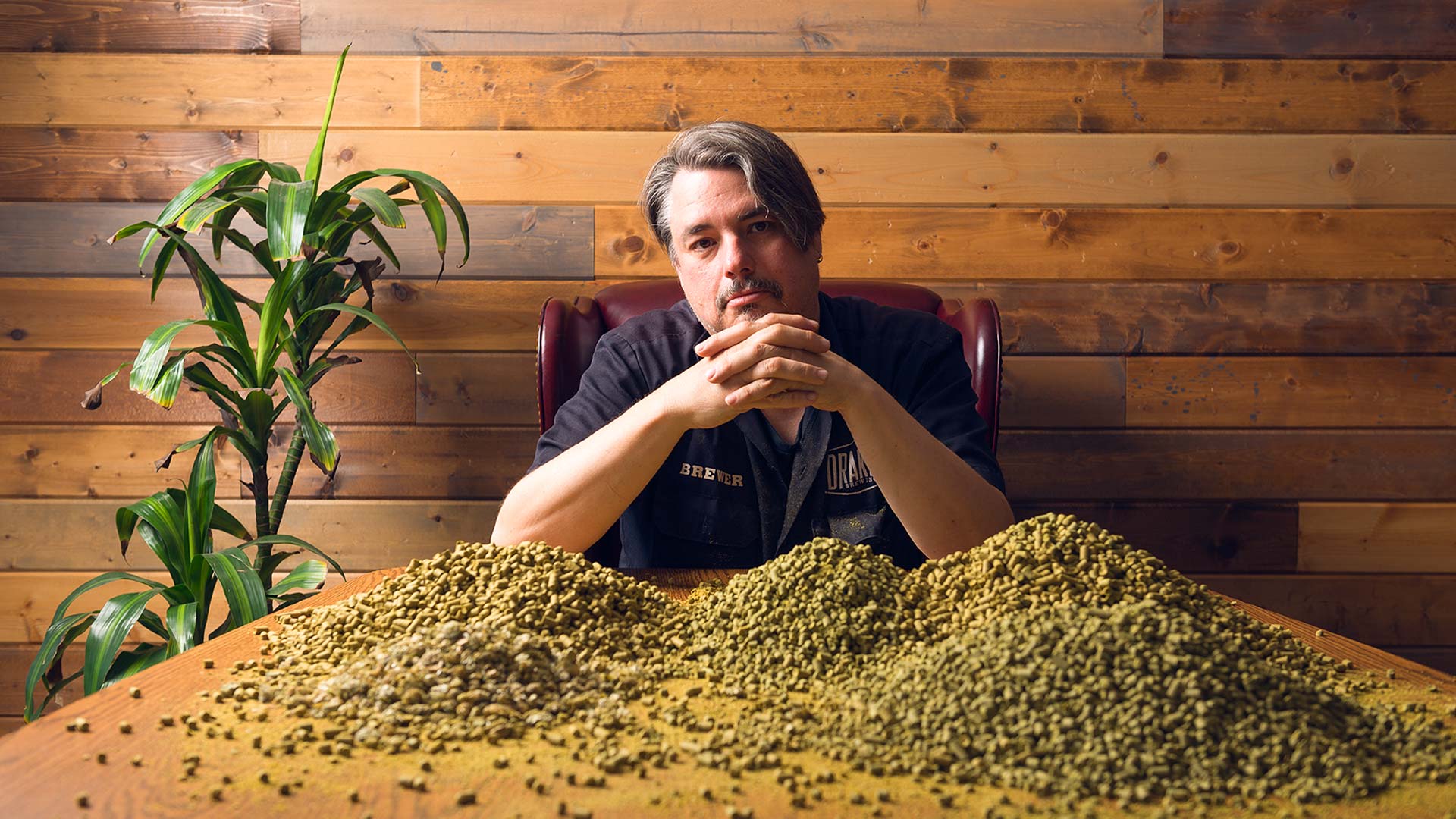 Brewmaster John GIllooly sitting at a conference table with piles of hops in front of him