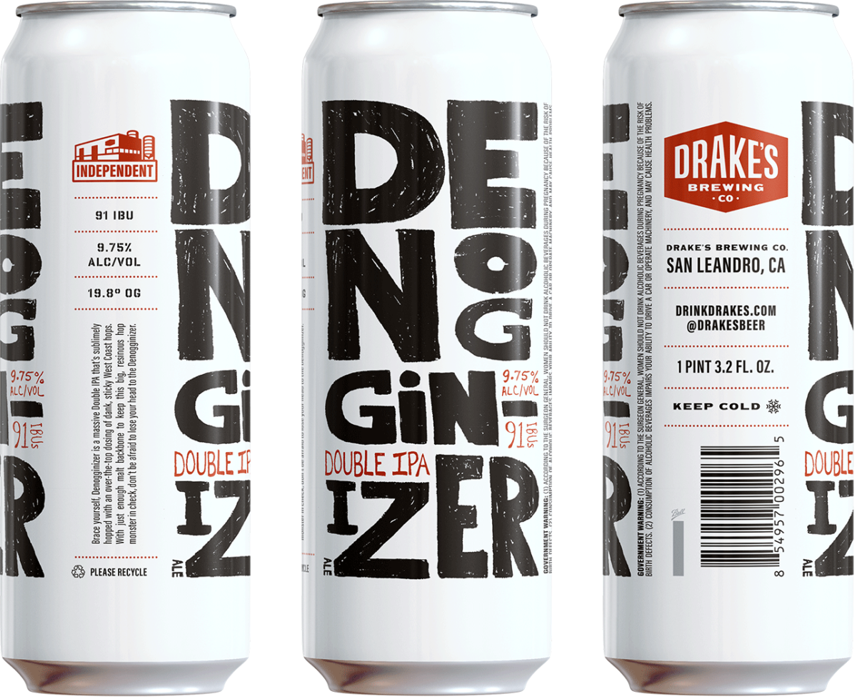 Three sided view of Drake's Denogginzer Double IPA 19.2 ounce cans