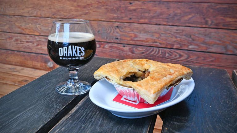 Santa's Brass Mushroom Pot Pie with a glass of beer