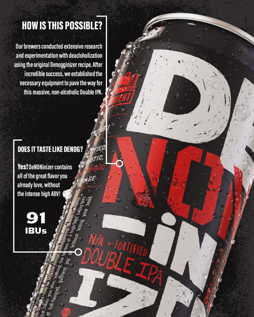 Close-up of a can of "Darkness" Double IPA, featuring text about its non-alcoholic nature and 91 IBUs