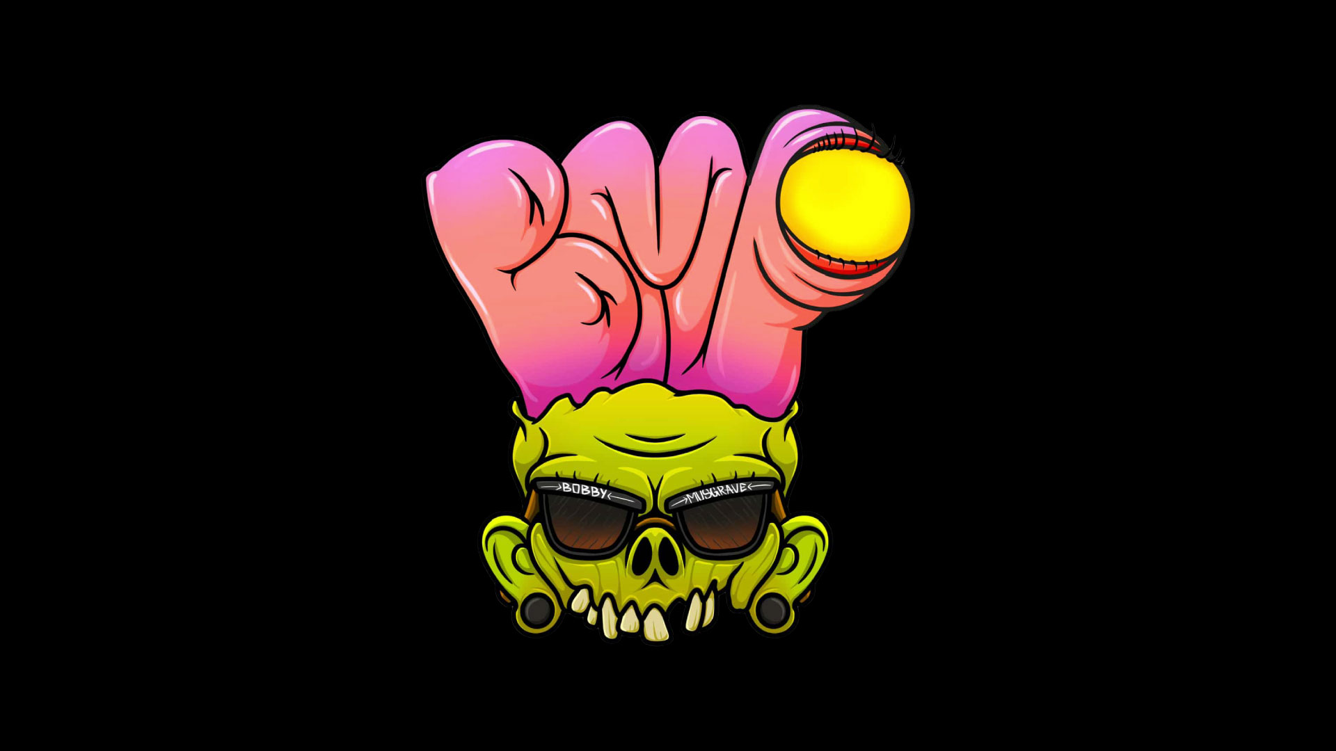 Psycho skull with pink fingers and yellow eye, wearing sunglasses