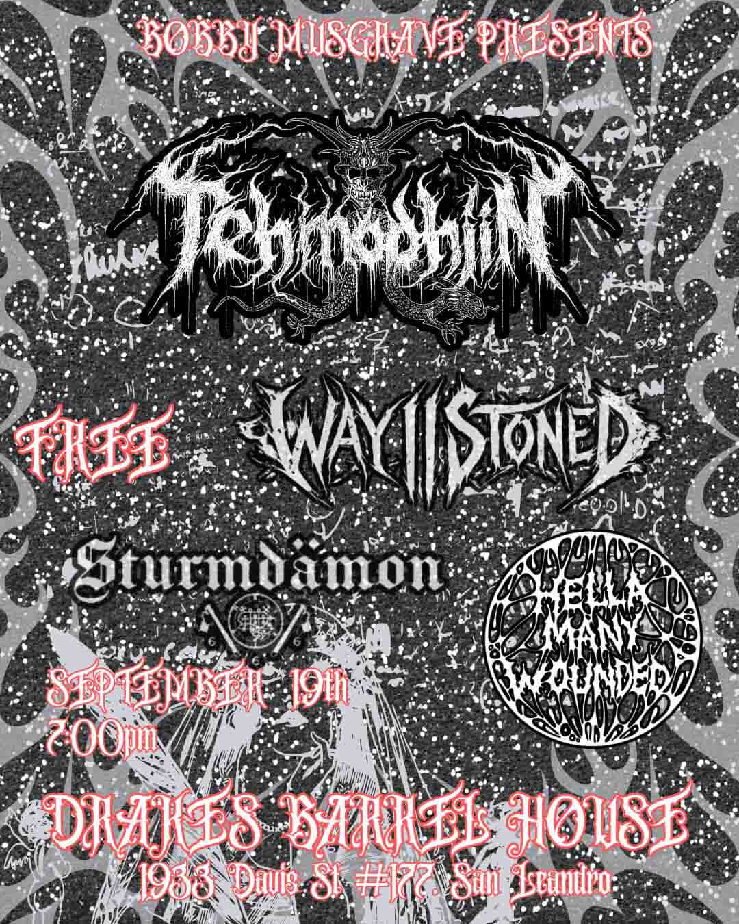 Concert poster: Tehmohiin, Free Way III Stoned, Sturmdaemon, Hella Many Wounded at DNA's Lounge, Sept 19th