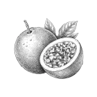 Whole and halved passion fruit with leaves