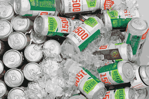 Drakes 1500 Pale Ale cans chilling in ice