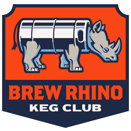 Brew Rhino Keg Club logo featuring a rhino fused with a keg and text